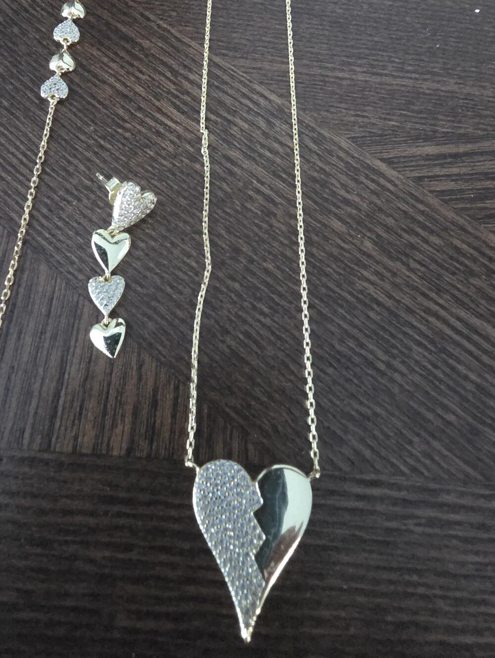 14k Gold Plated Heart Pendant Necklace and Earring Set - Sparkling Pave Accent